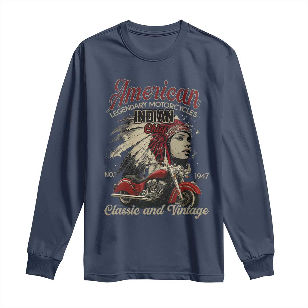 American Legendary Motorcycle Indian Chief Long Sleeve Shirt Classic And Vintage Bikers TS11 Navy Print Your Wear