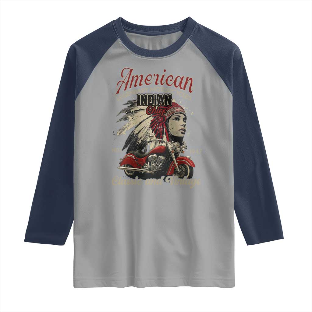 American Legendary Motorcycle Indian Chief Raglan Shirt Classic And Vintage Bikers TS11 Sport Gray Navy Print Your Wear