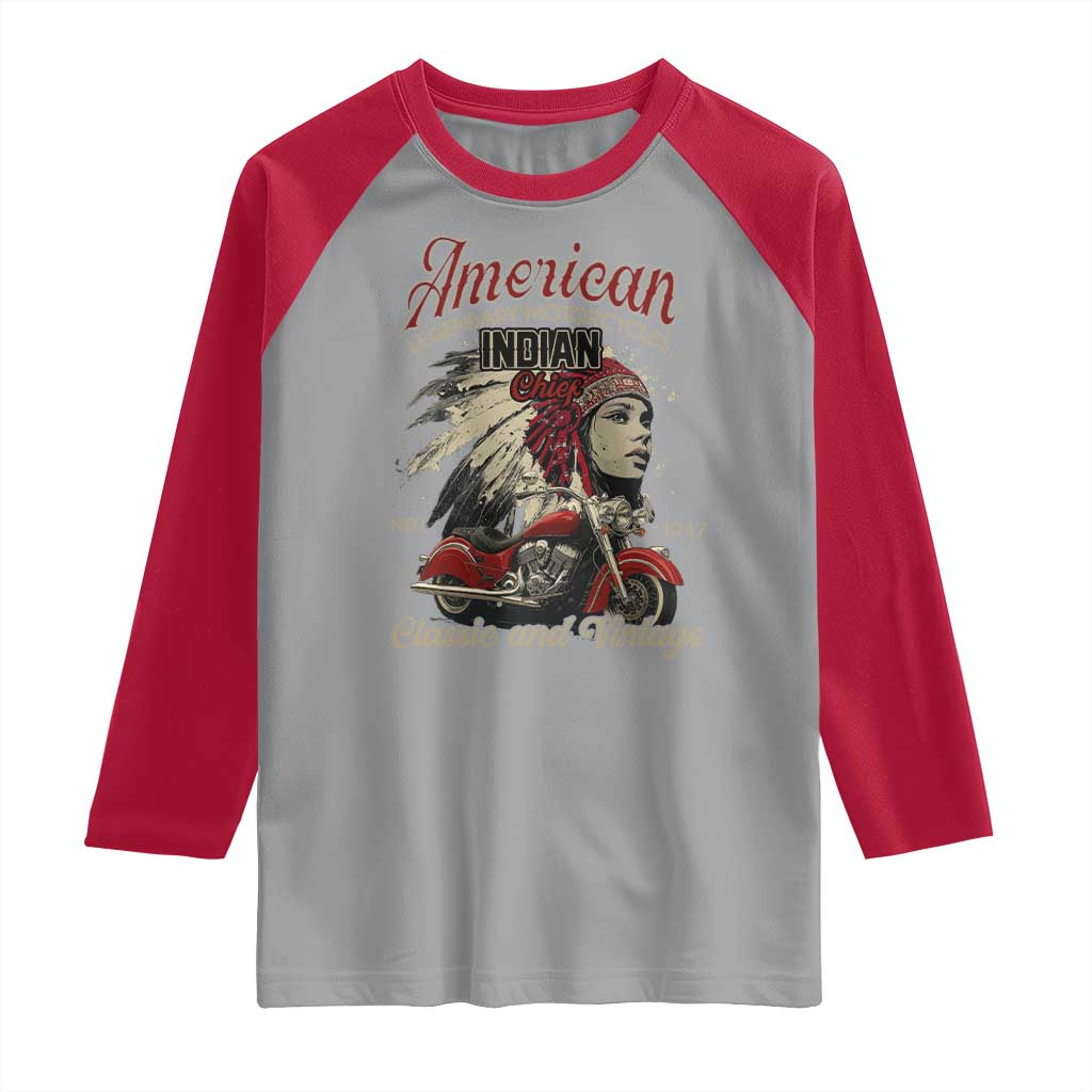 American Legendary Motorcycle Indian Chief Raglan Shirt Classic And Vintage Bikers TS11 Sport Gray Red Print Your Wear