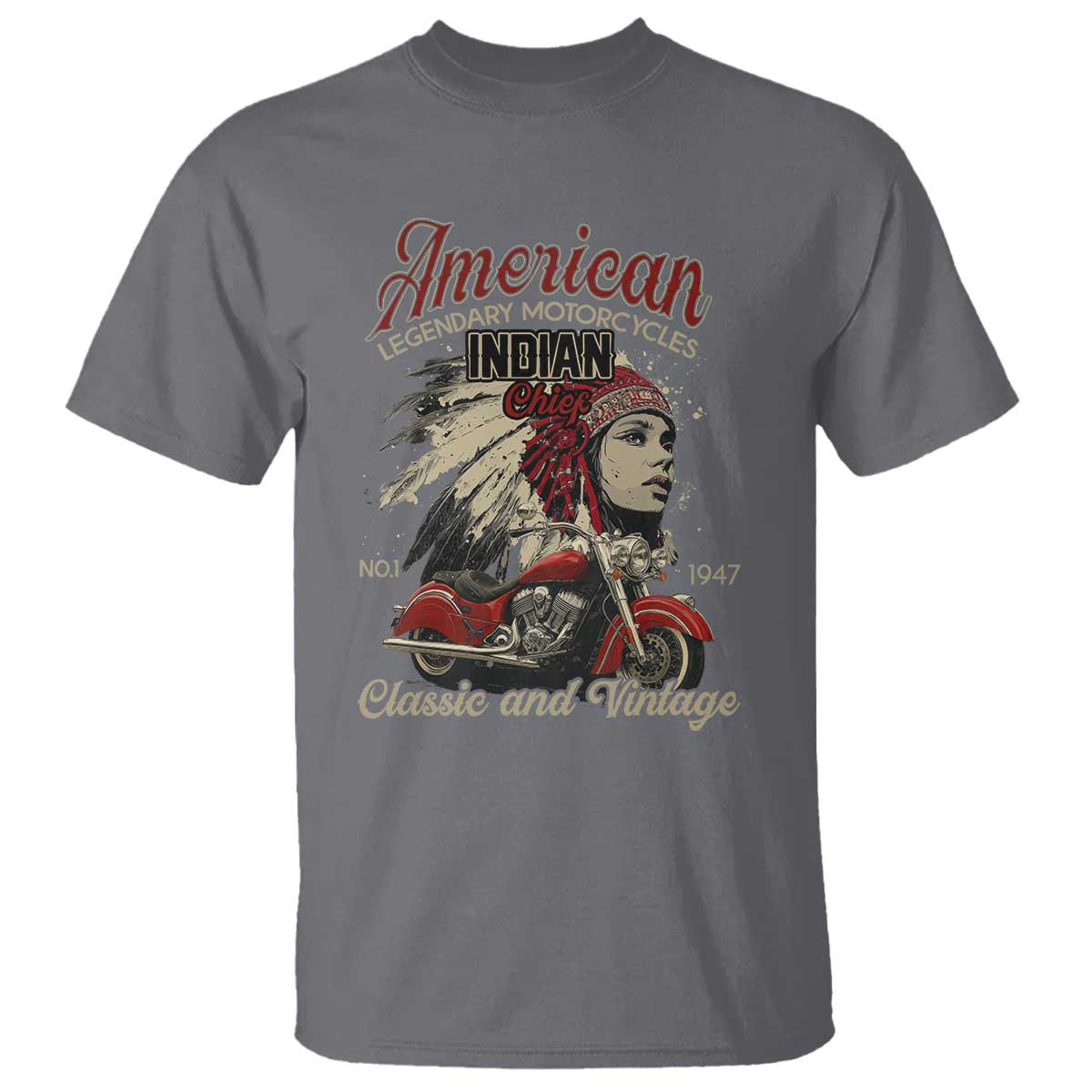 American Legendary Motorcycle Indian Chief T Shirt Classic And Vintage Bikers TS11 Charcoal Print Your Wear