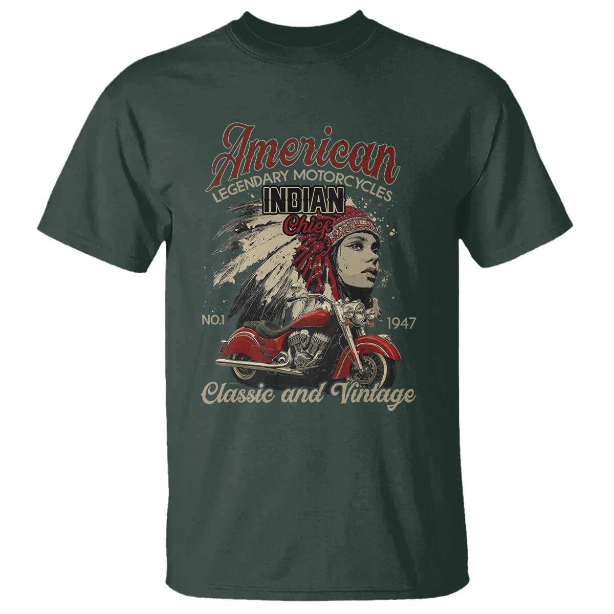 American Legendary Motorcycle Indian Chief T Shirt Classic And Vintage Bikers TS11 Dark Forest Green Print Your Wear