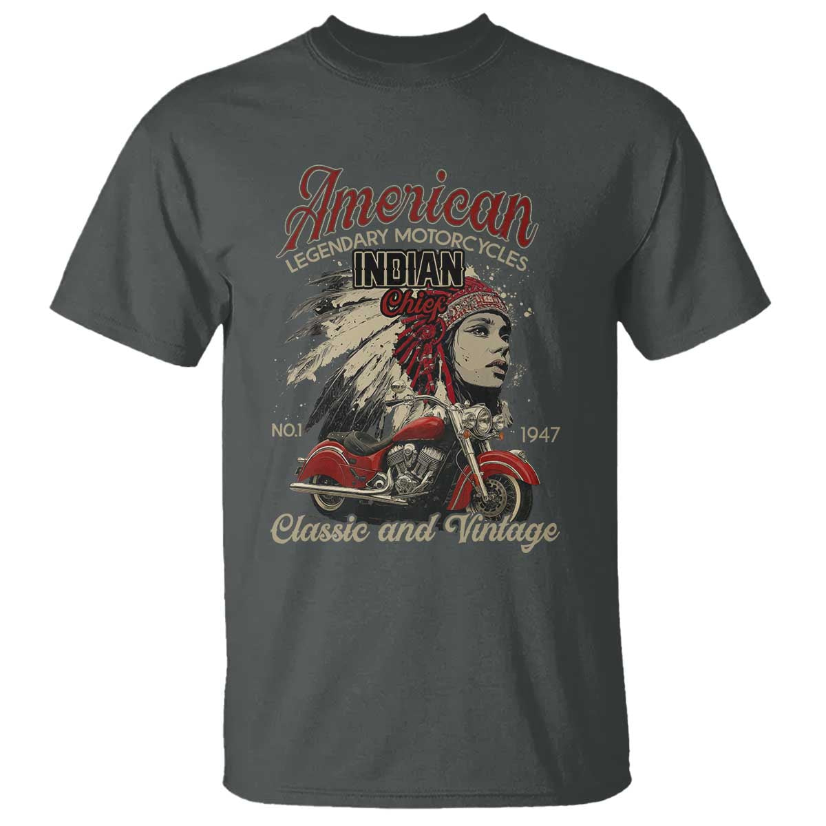 American Legendary Motorcycle Indian Chief T Shirt Classic And Vintage Bikers TS11 Dark Heather Print Your Wear