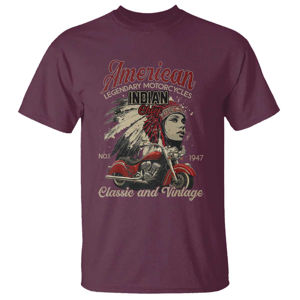 American Legendary Motorcycle Indian Chief T Shirt Classic And Vintage Bikers TS11 Maroon Print Your Wear