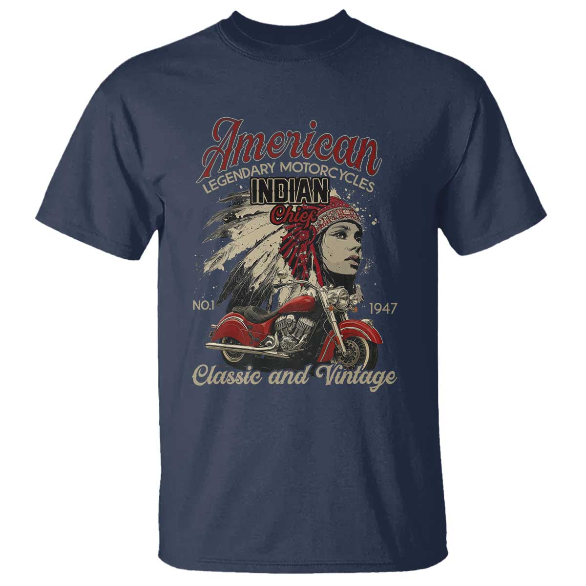 American Legendary Motorcycle Indian Chief T Shirt Classic And Vintage Bikers TS11 Navy Print Your Wear