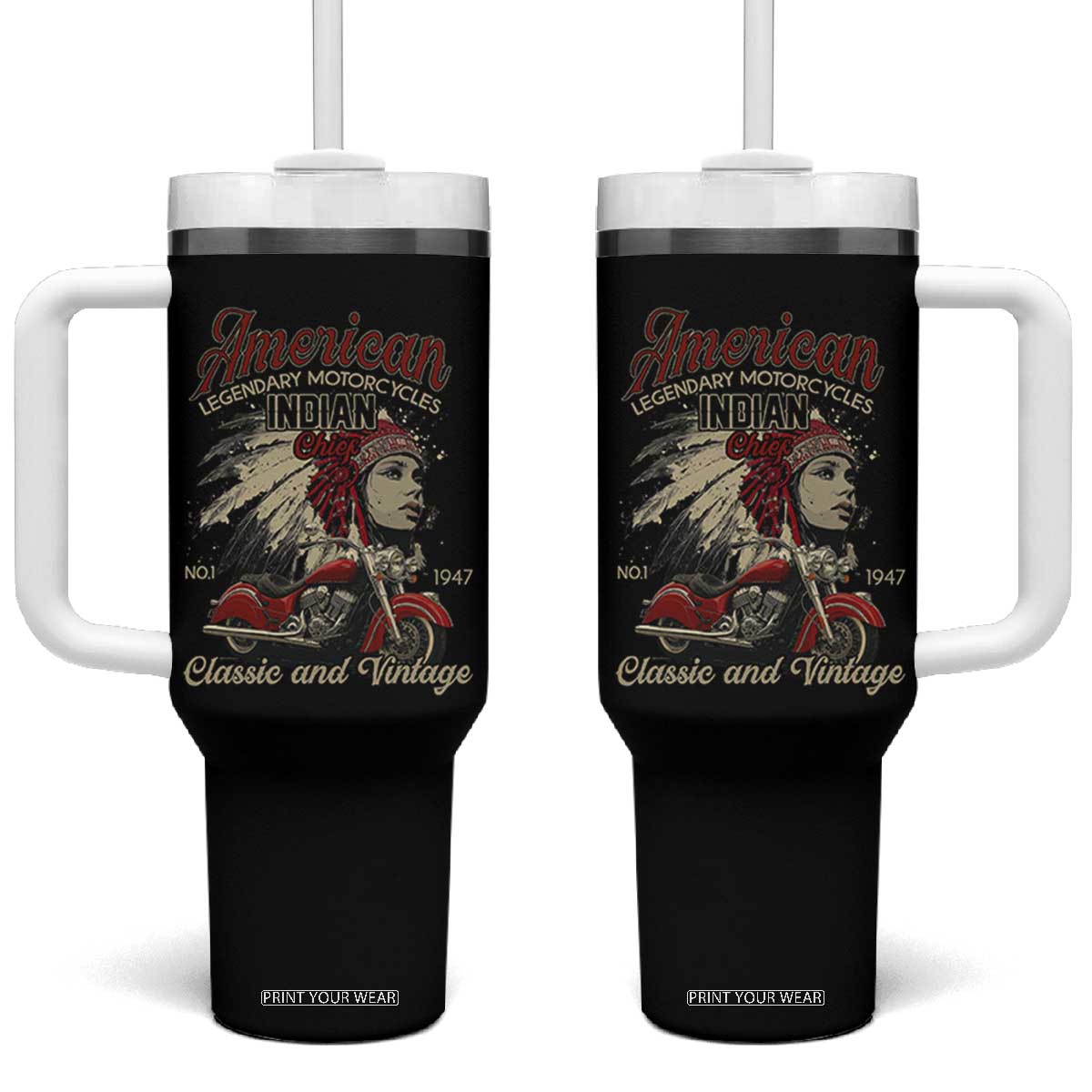 American Legendary Motorcycle Indian Chief Tumbler With Handle Classic And Vintage Bikers TS11 One Size: 40 oz Black Print Your Wear