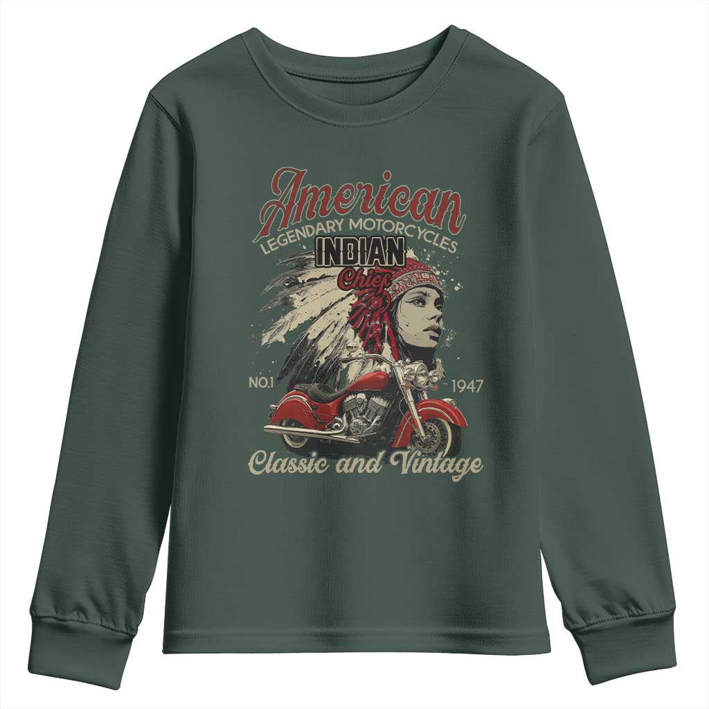 American Legendary Motorcycle Indian Chief Youth Sweatshirt Classic And Vintage Bikers TS11 Dark Forest Green Print Your Wear