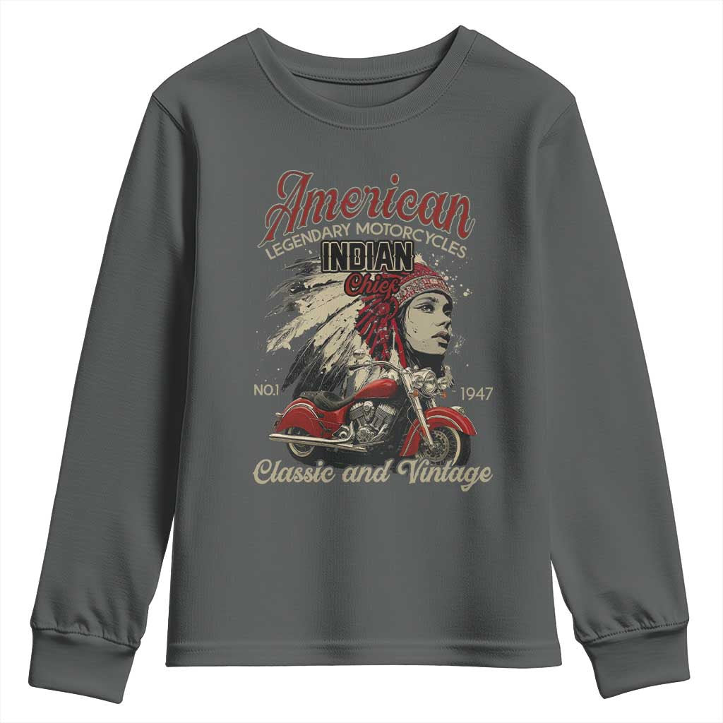 American Legendary Motorcycle Indian Chief Youth Sweatshirt Classic And Vintage Bikers TS11 Dark Heather Print Your Wear
