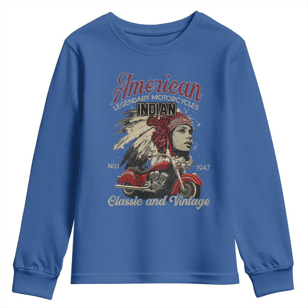 American Legendary Motorcycle Indian Chief Youth Sweatshirt Classic And Vintage Bikers TS11 Royal Blue Print Your Wear