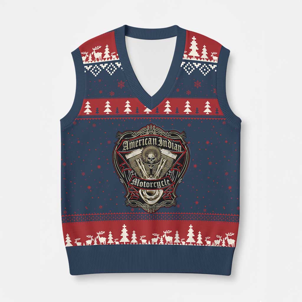 American Indian Skull Motorcycle Vintage Motorbike Engine V-Neck Knit Sweater Vest - Print Your Wear