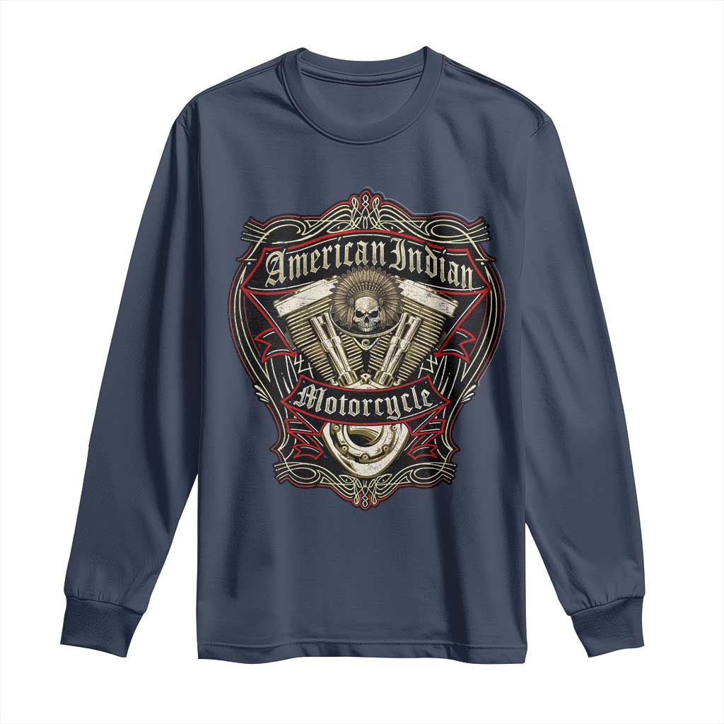 American Indian Skull Motorcycle Vintage Motorbike Engine Long Sleeve Shirt TS11 Navy Print Your Wear