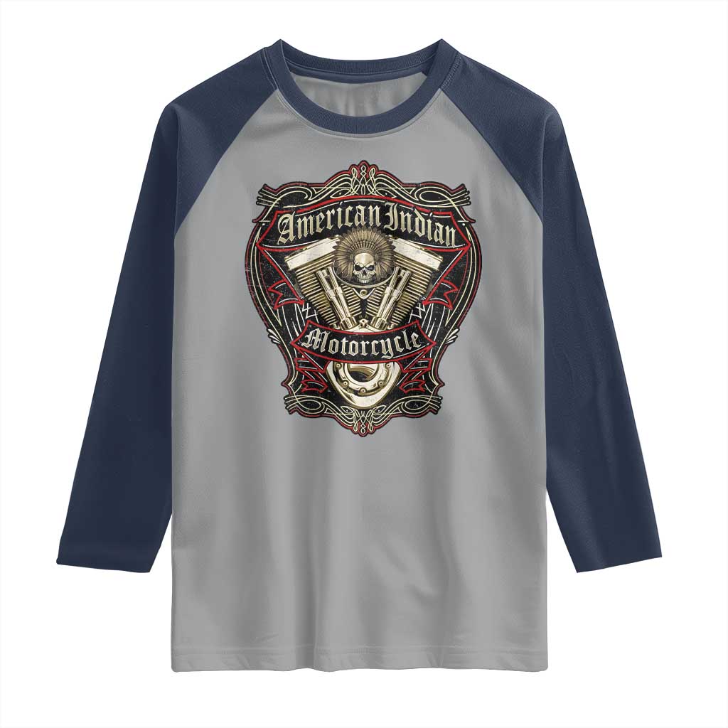 American Indian Skull Motorcycle Vintage Motorbike Engine Raglan Shirt TS11 Sport Gray Navy Print Your Wear