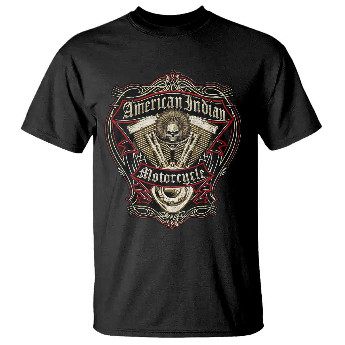 American Indian Skull Motorcycle Vintage Motorbike Engine T Shirt TS11 Black Print Your Wear