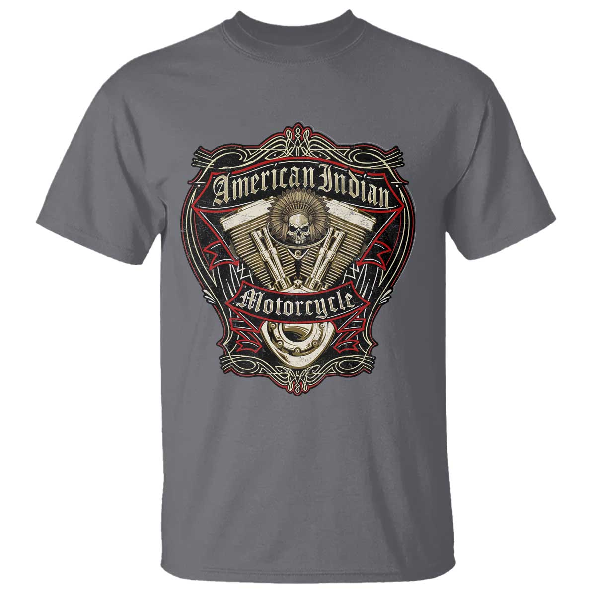 American Indian Skull Motorcycle Vintage Motorbike Engine T Shirt TS11 Charcoal Print Your Wear