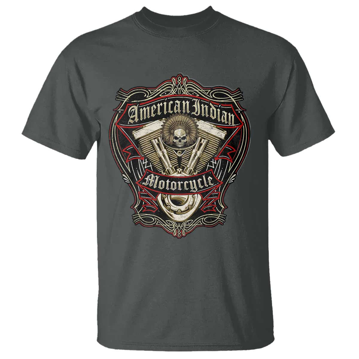 American Indian Skull Motorcycle Vintage Motorbike Engine T Shirt TS11 Dark Heather Print Your Wear