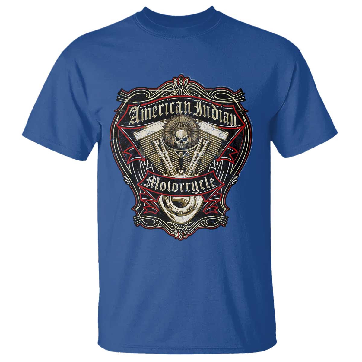 American Indian Skull Motorcycle Vintage Motorbike Engine T Shirt TS11 Royal Blue Print Your Wear