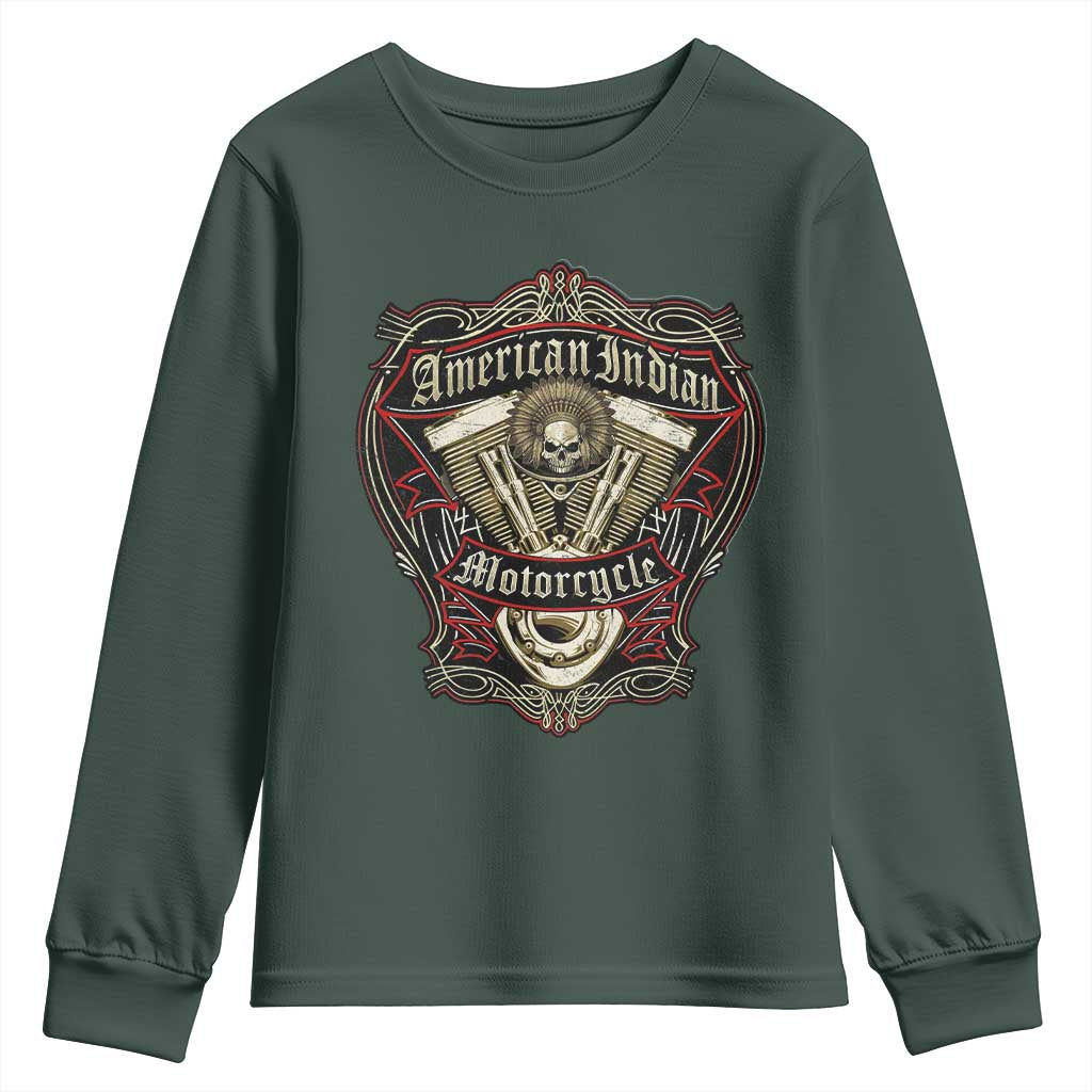 American Indian Skull Motorcycle Vintage Motorbike Engine Youth Sweatshirt TS11 Dark Forest Green Print Your Wear