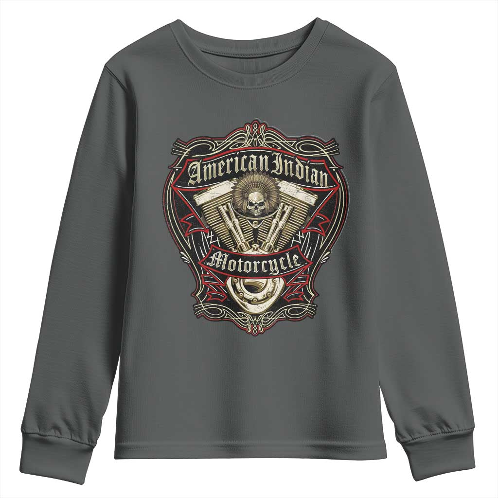 American Indian Skull Motorcycle Vintage Motorbike Engine Youth Sweatshirt TS11 Dark Heather Print Your Wear