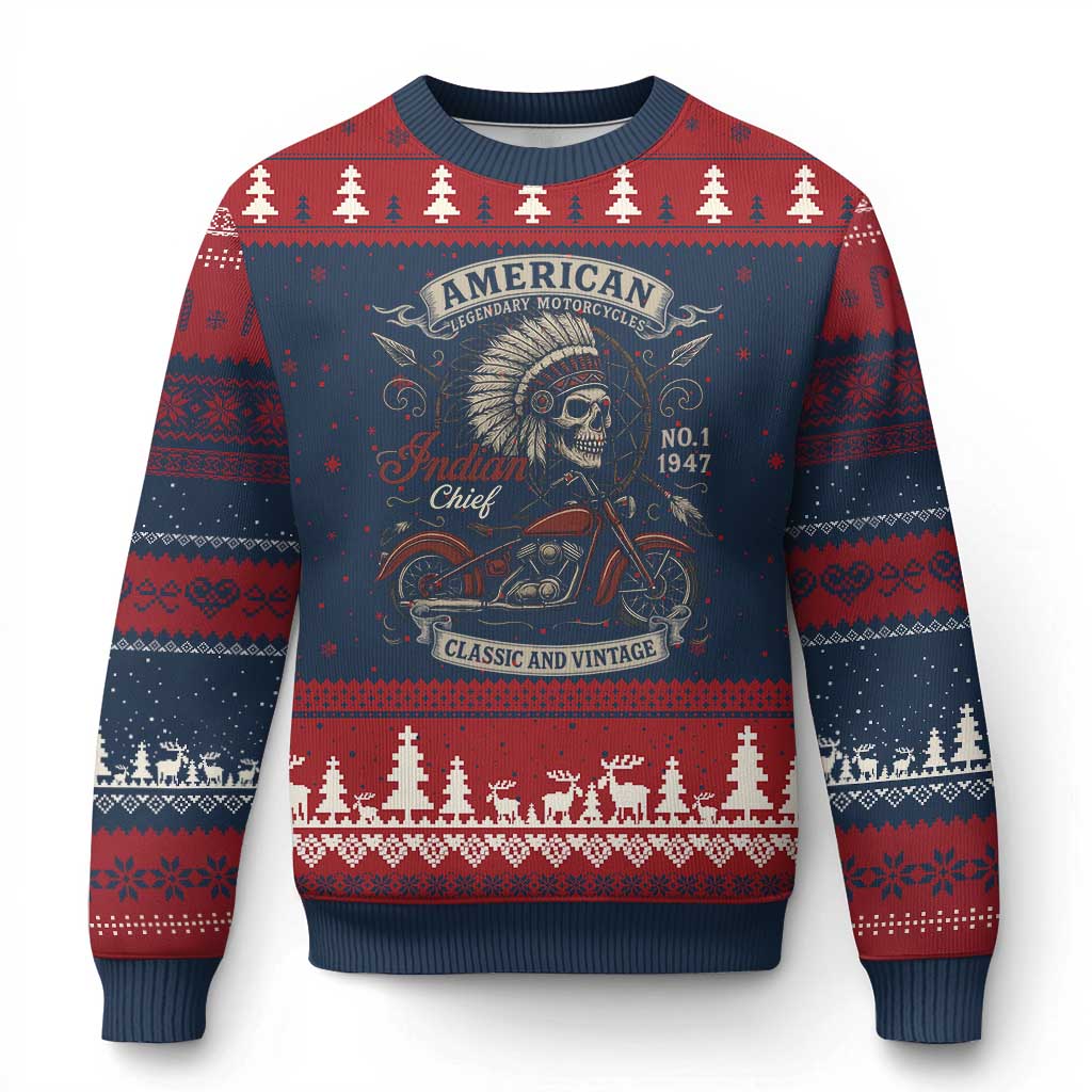 American Legendary Motorcycle Indian Chief Ugly Christmas Sweater No 1 Classic And Vintage Skull TS11 Navy Red Print Your Wear