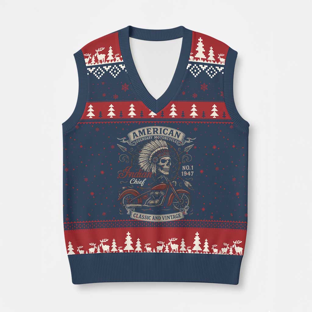 American Legendary Motorcycle Indian Chief V-Neck Knit Sweater Vest No 1 Classic And Vintage Skull - Print Your Wear