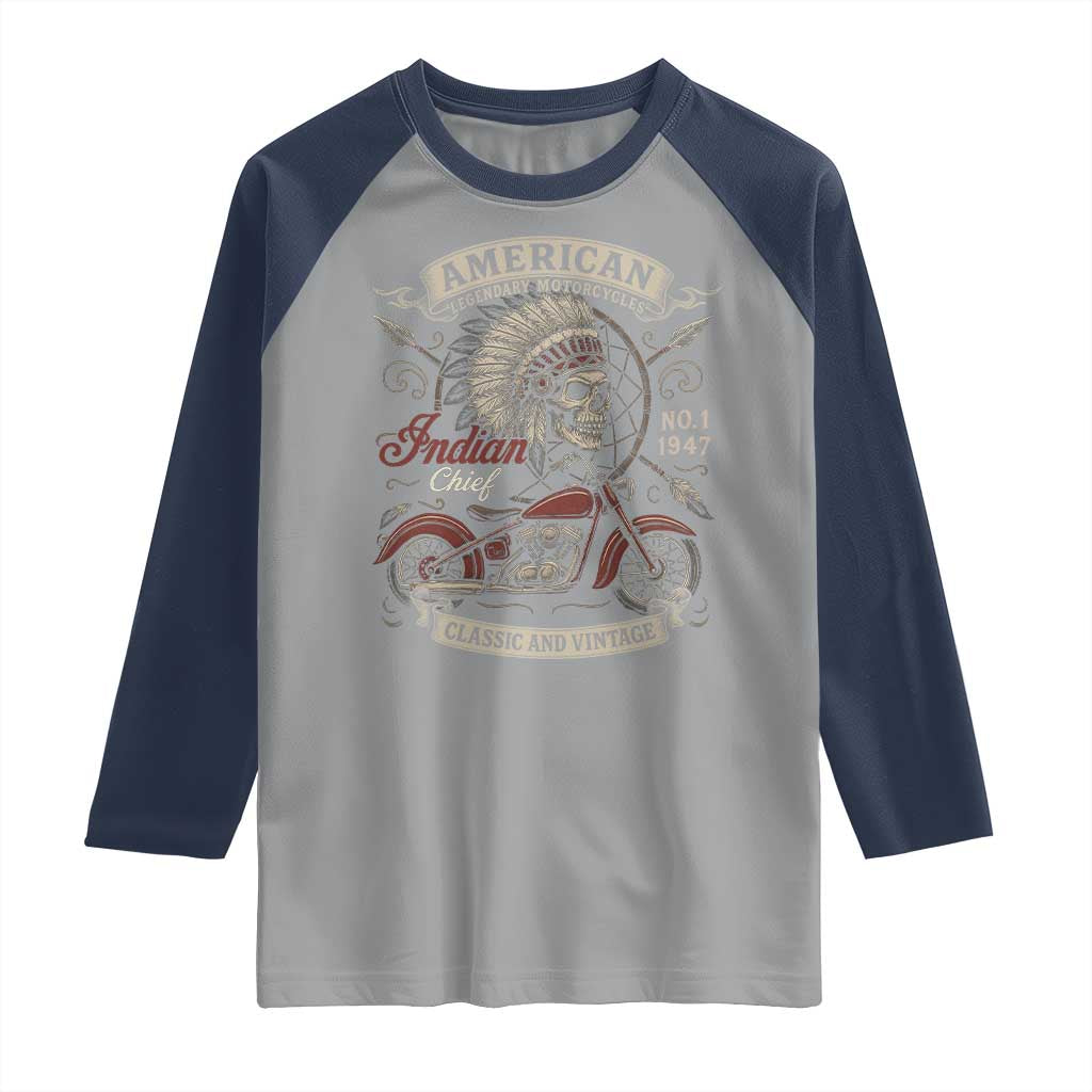 American Legendary Motorcycle Indian Chief Raglan Shirt No 1 Classic And Vintage Skull TS11 Sport Gray Navy Print Your Wear