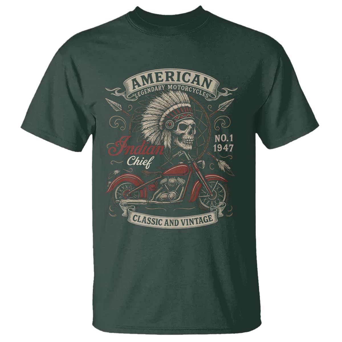 American Legendary Motorcycle Indian Chief T Shirt No 1 Classic And Vintage Skull TS11 Dark Forest Green Print Your Wear