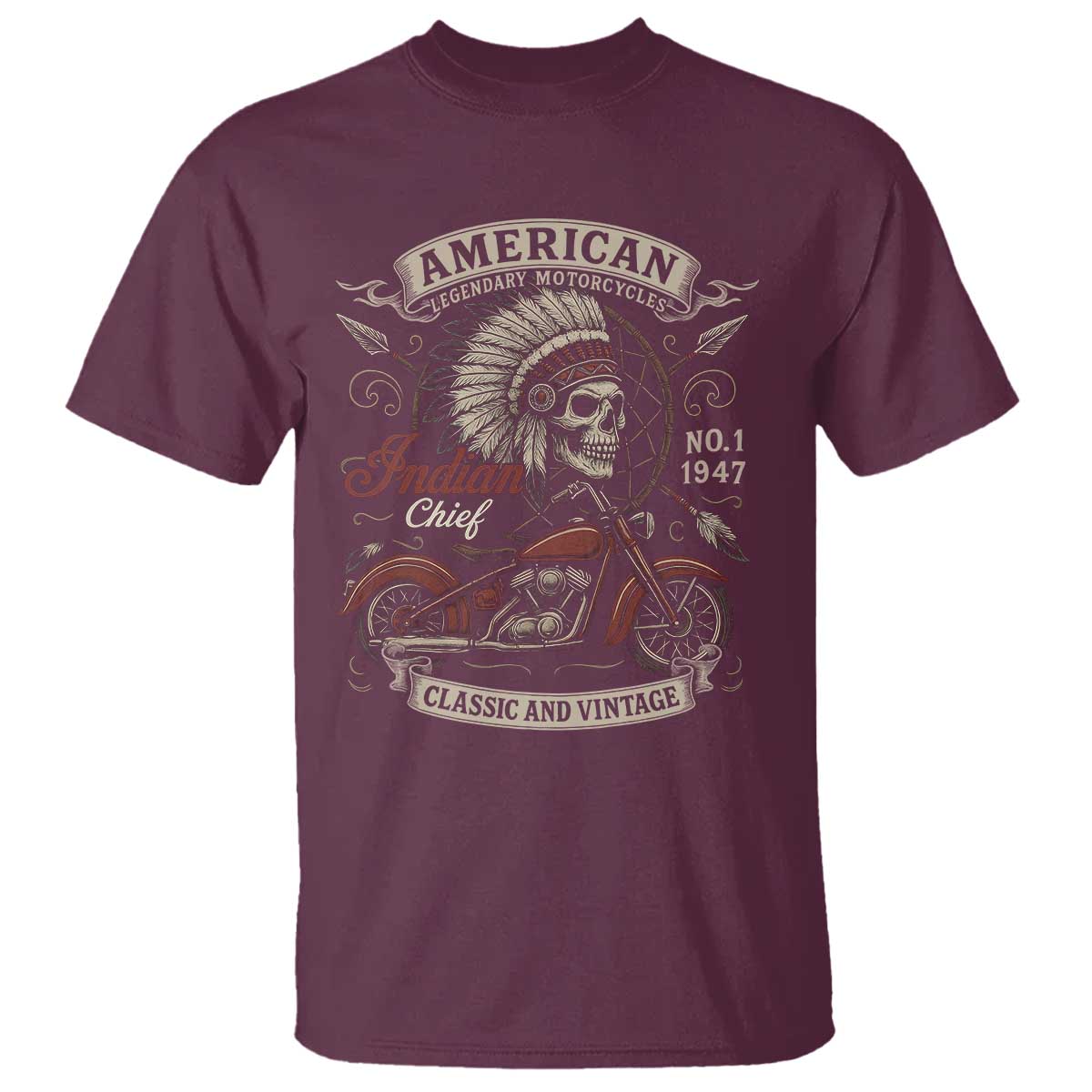 American Legendary Motorcycle Indian Chief T Shirt No 1 Classic And Vintage Skull TS11 Maroon Print Your Wear