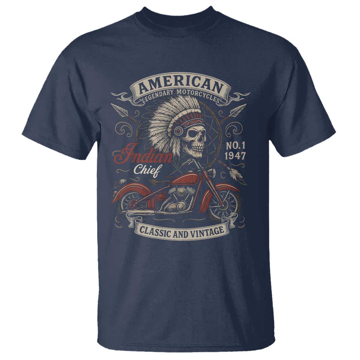 American Legendary Motorcycle Indian Chief T Shirt No 1 Classic And Vintage Skull TS11 Navy Print Your Wear