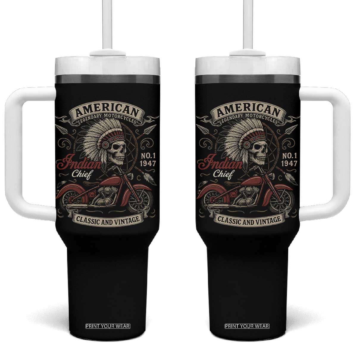 American Legendary Motorcycle Indian Chief Tumbler With Handle No 1 Classic And Vintage Skull TS11 One Size: 40 oz Black Print Your Wear