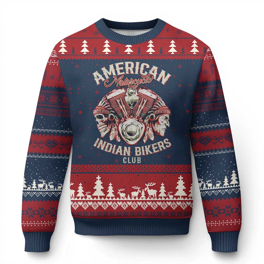 American Legendary Motorcycle Indian Biker Club Ugly Christmas Sweater Vintage Motorbike Engine Native American Skull TS11 Navy Red Print Your Wear
