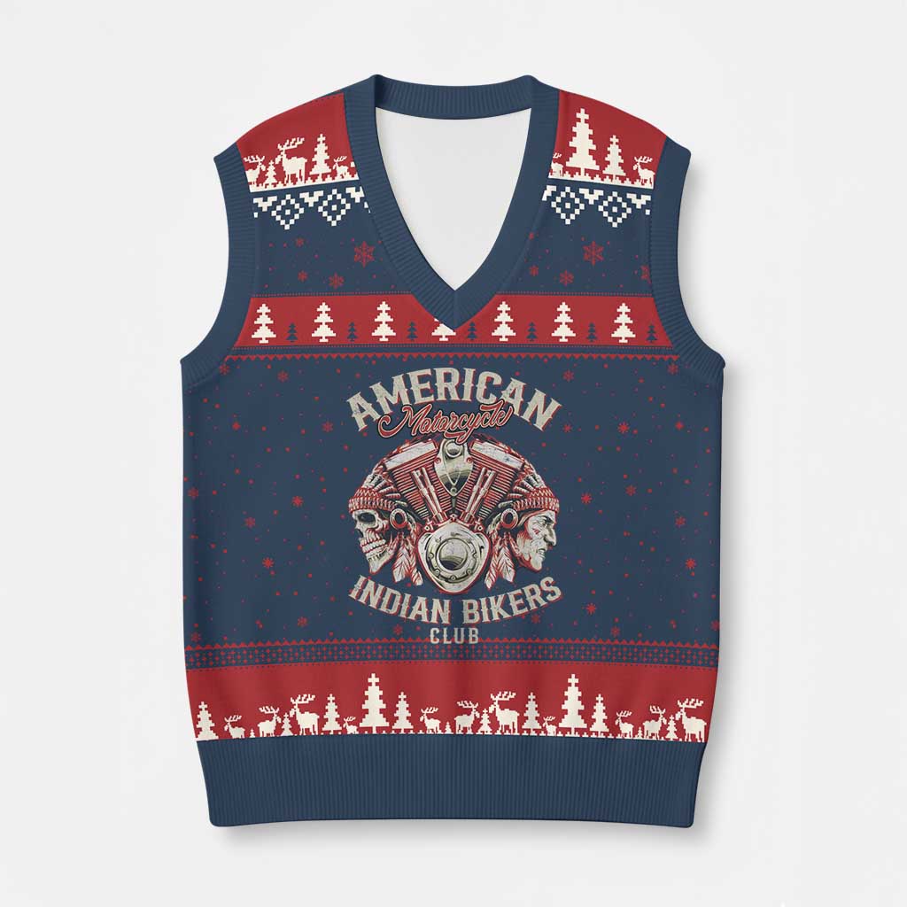American Legendary Motorcycle Indian Biker Club V-Neck Knit Sweater Vest Vintage Motorbike Engine Native American Skull - Print Your Wear