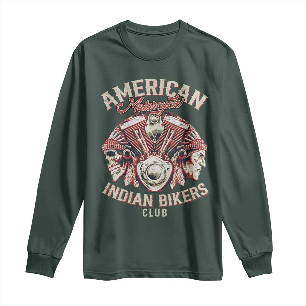 American Legendary Motorcycle Indian Biker Club Long Sleeve Shirt Vintage Motorbike Engine Native American Skull TS11 Dark Forest Green Print Your Wear