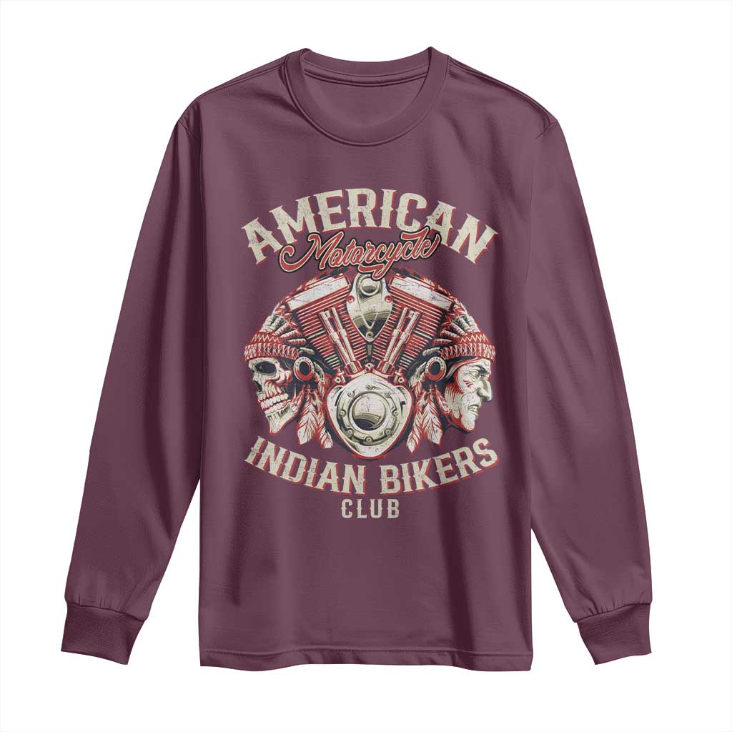 American Legendary Motorcycle Indian Biker Club Long Sleeve Shirt Vintage Motorbike Engine Native American Skull TS11 Maroon Print Your Wear
