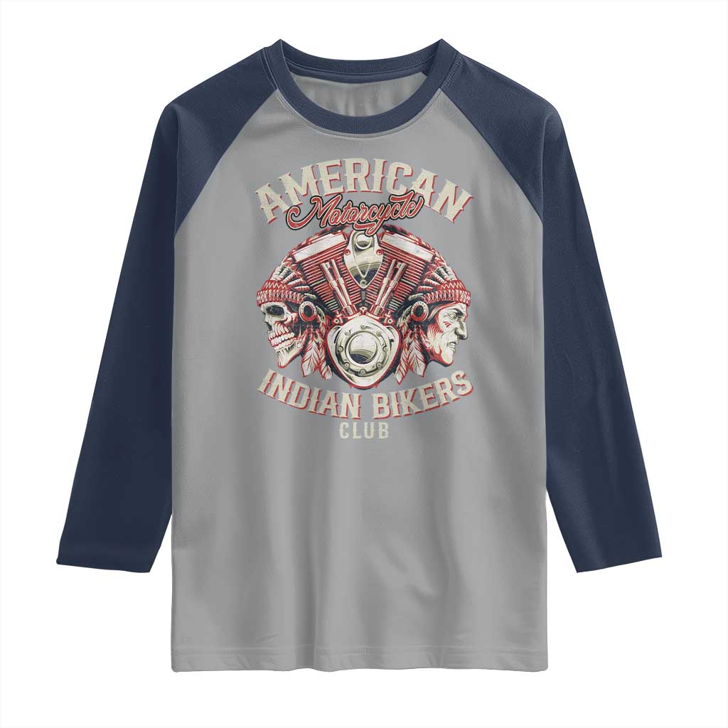 American Legendary Motorcycle Indian Biker Club Raglan Shirt Vintage Motorbike Engine Native American Skull TS11 Sport Gray Navy Print Your Wear