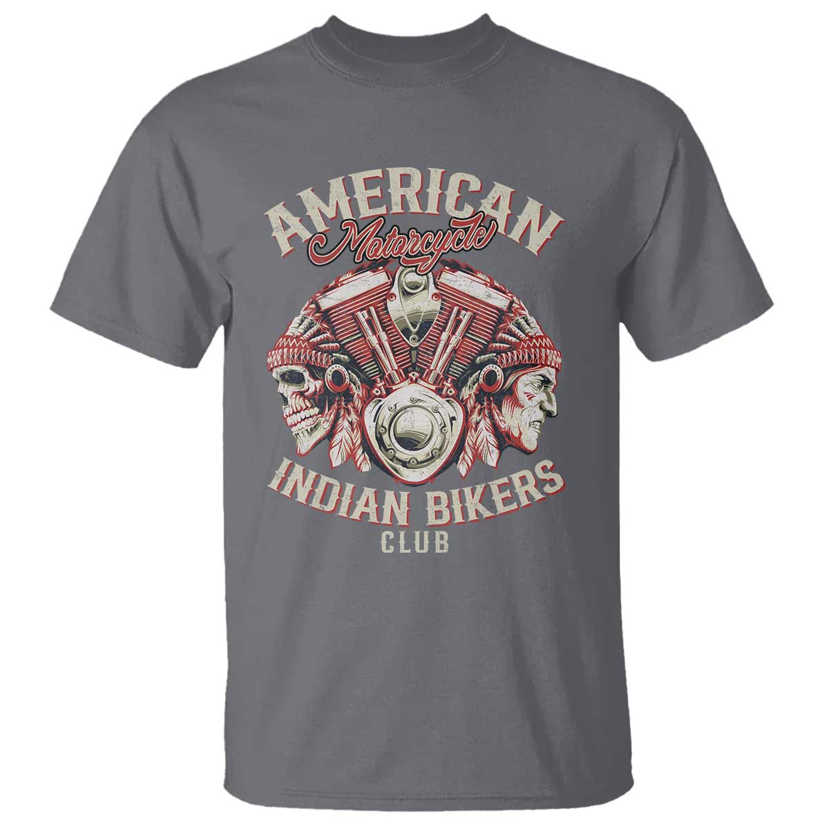 American Legendary Motorcycle Indian Biker Club T Shirt Vintage Motorbike Engine Native American Skull TS11 Charcoal Print Your Wear