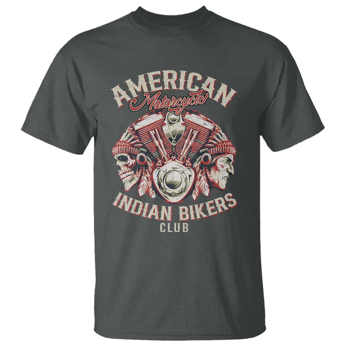 American Legendary Motorcycle Indian Biker Club T Shirt Vintage Motorbike Engine Native American Skull TS11 Dark Heather Print Your Wear