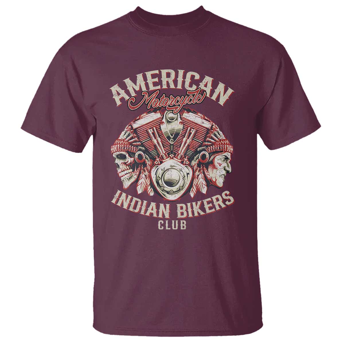 American Legendary Motorcycle Indian Biker Club T Shirt Vintage Motorbike Engine Native American Skull TS11 Maroon Print Your Wear