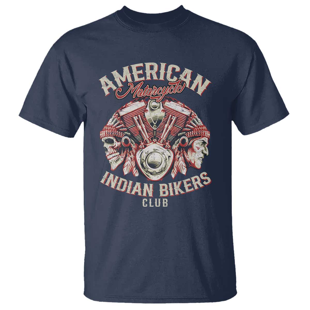 American Legendary Motorcycle Indian Biker Club T Shirt Vintage Motorbike Engine Native American Skull TS11 Navy Print Your Wear