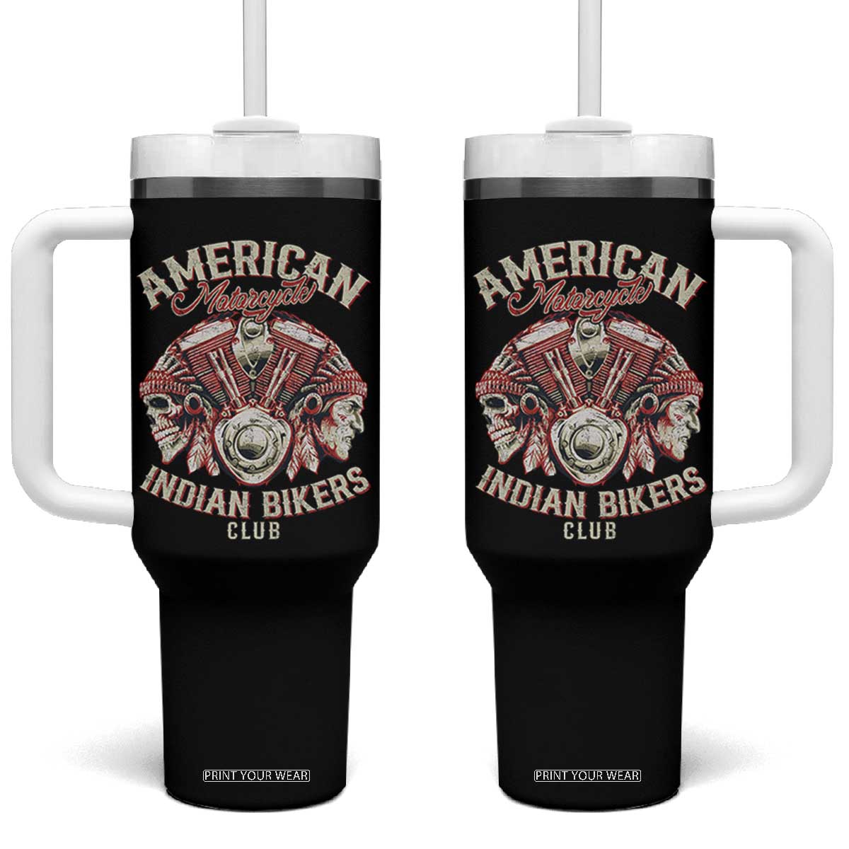 American Legendary Motorcycle Indian Biker Club Tumbler With Handle Vintage Motorbike Engine Native American Skull TS11 One Size: 40 oz Black Print Your Wear