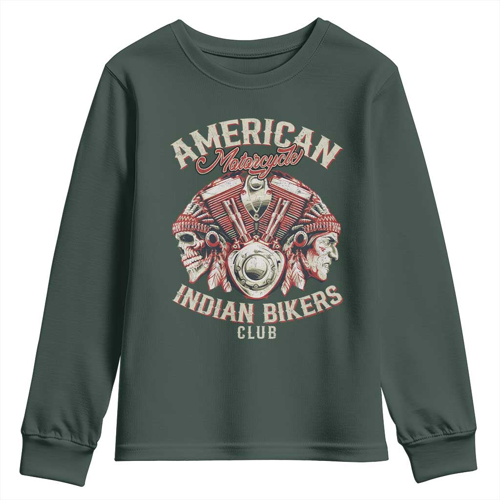 American Legendary Motorcycle Indian Biker Club Youth Sweatshirt Vintage Motorbike Engine Native American Skull TS11 Dark Forest Green Print Your Wear