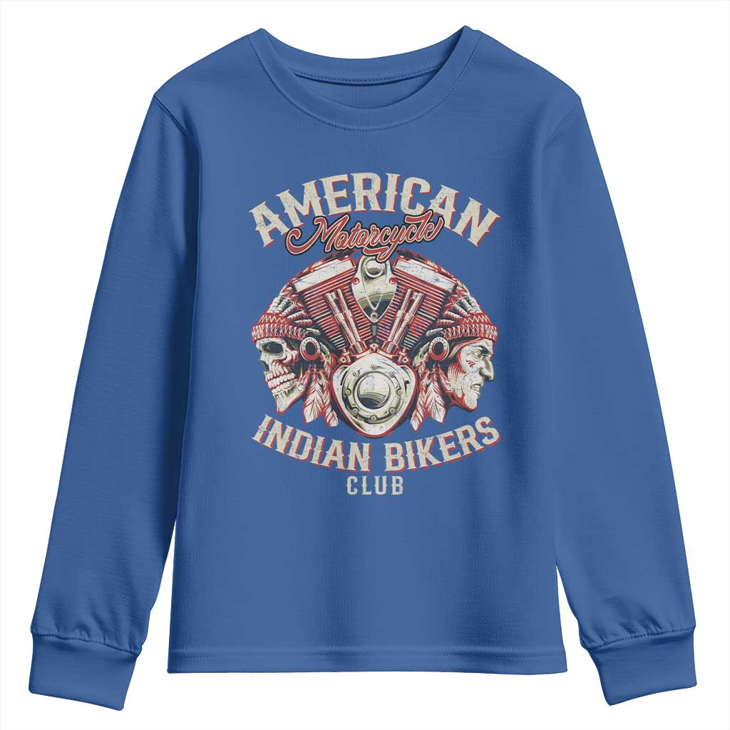 American Legendary Motorcycle Indian Biker Club Youth Sweatshirt Vintage Motorbike Engine Native American Skull TS11 Royal Blue Print Your Wear