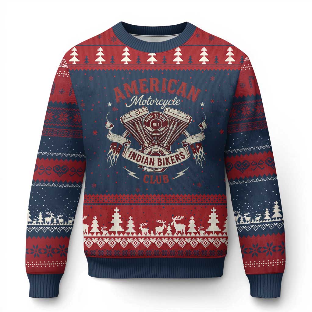 American Motorcycle Indian Biker Club Ugly Christmas Sweater Vintage Motorbike Engine TS11 Navy Red Print Your Wear