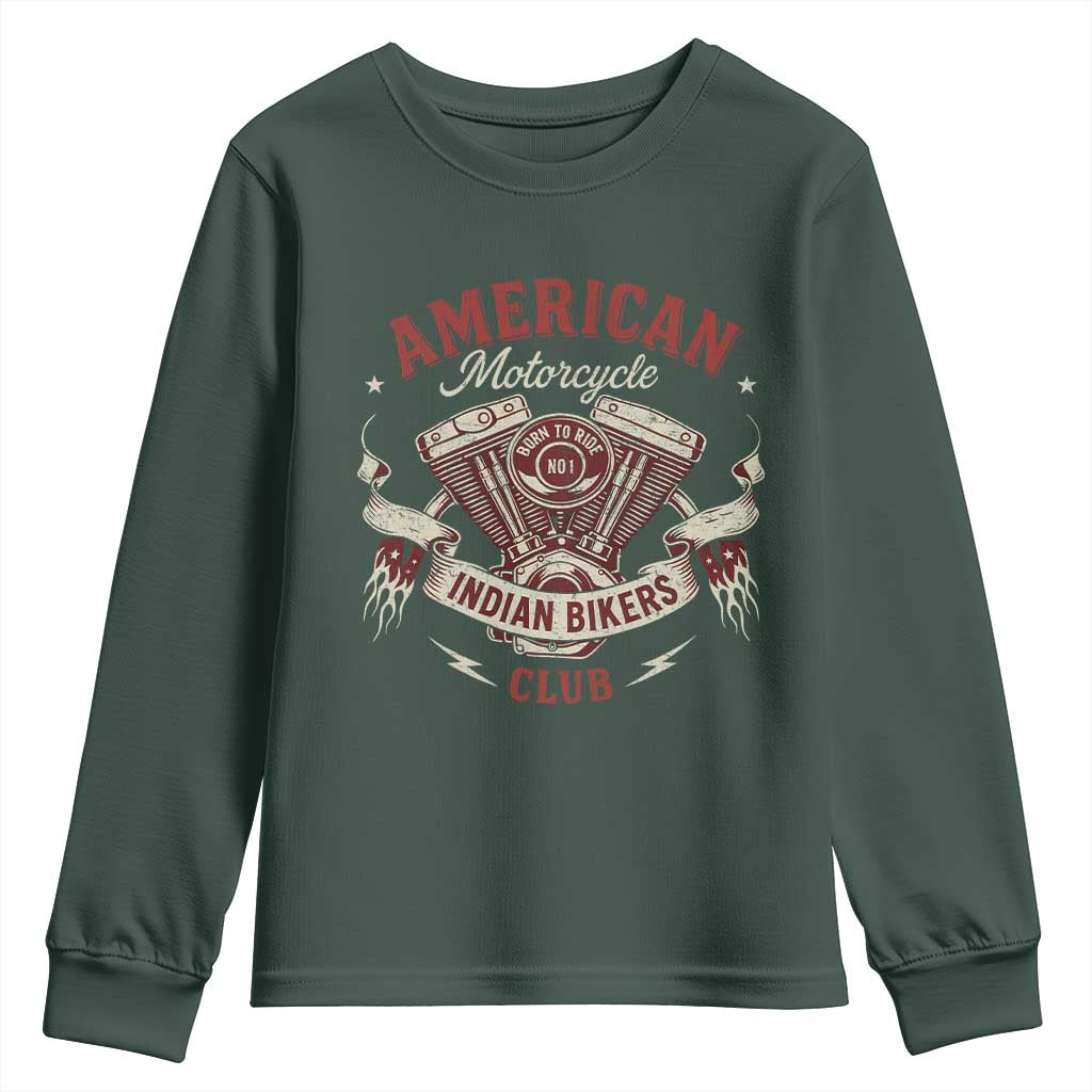 American Motorcycle Indian Biker Club Youth Sweatshirt Vintage Motorbike Engine TS11 Dark Forest Green Print Your Wear
