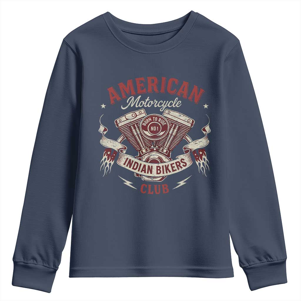 American Motorcycle Indian Biker Club Youth Sweatshirt Vintage Motorbike Engine TS11 Navy Print Your Wear