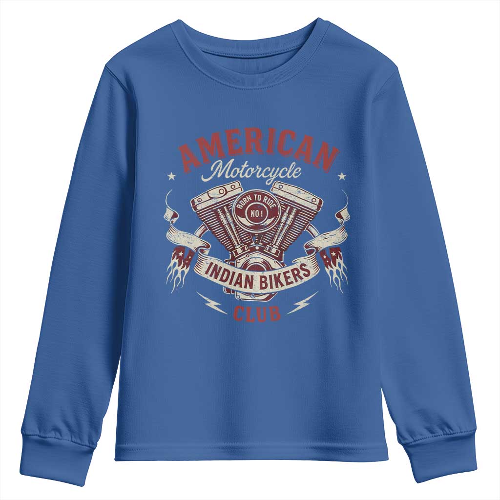 American Motorcycle Indian Biker Club Youth Sweatshirt Vintage Motorbike Engine TS11 Royal Blue Print Your Wear