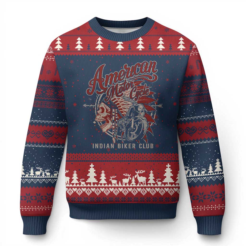 American Legendary Motorcycle Indian Biker Club Ugly Christmas Sweater Vintage Native American Skull TS11 Navy Red Print Your Wear