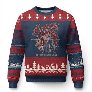 American Legendary Motorcycle Indian Biker Club Ugly Christmas Sweater Vintage Native American Skull - Print Your Wear