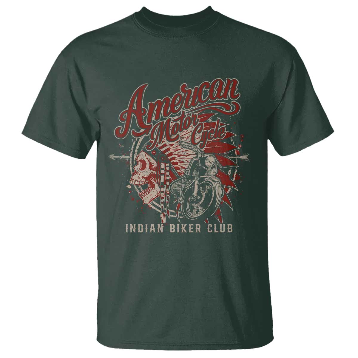 American Legendary Motorcycle Indian Biker Club T Shirt Vintage Native American Skull TS11 Dark Forest Green Print Your Wear
