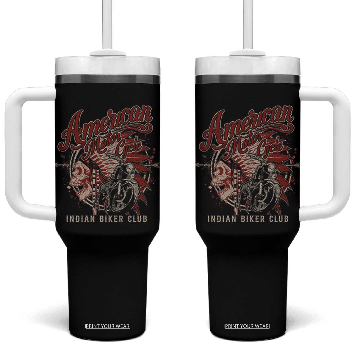 American Legendary Motorcycle Indian Biker Club Tumbler With Handle Vintage Native American Skull TS11 One Size: 40 oz Black Print Your Wear