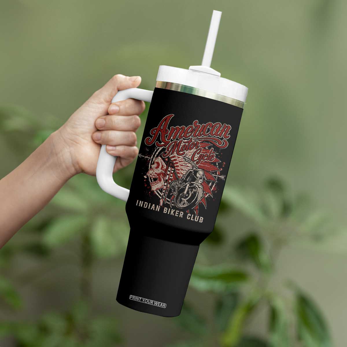 American Legendary Motorcycle Indian Biker Club Tumbler With Handle Vintage Native American Skull TS11 Print Your Wear
