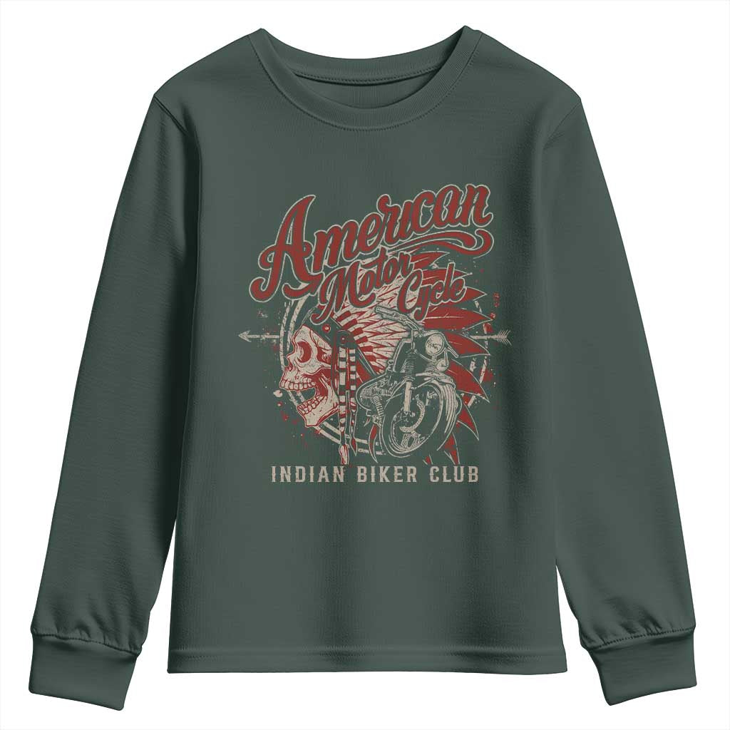 American Legendary Motorcycle Indian Biker Club Youth Sweatshirt Vintage Native American Skull TS11 Dark Forest Green Print Your Wear